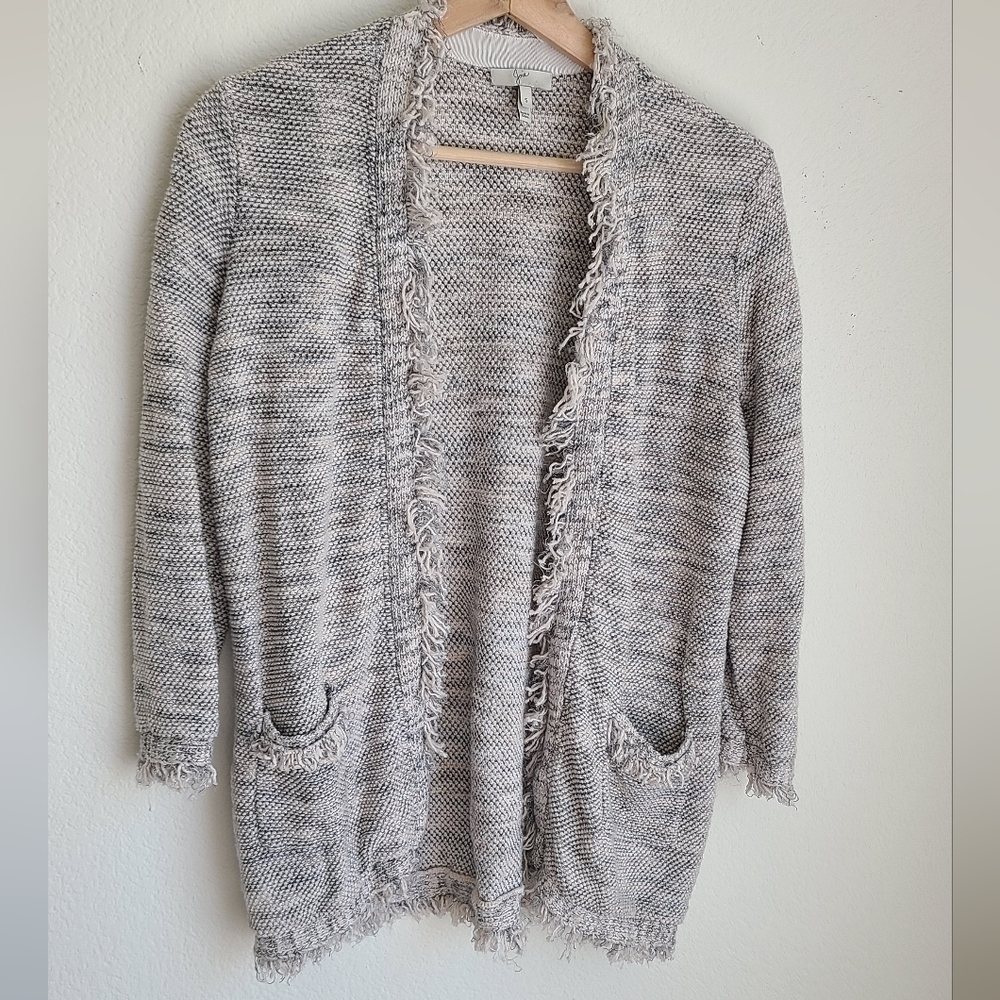 Joie Cotton Linen Blend open cardigan Heather's grey frayed edges